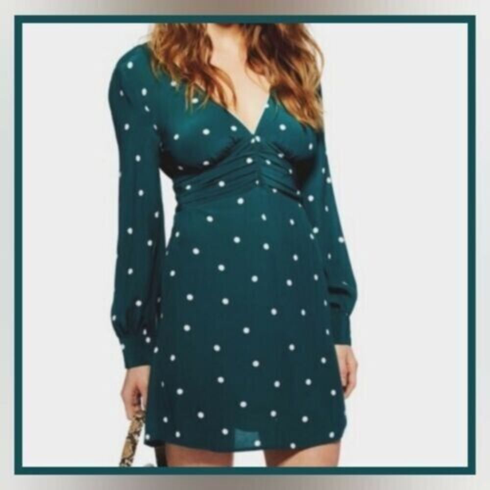 TOPSHOP Womens Size 2 Green White Polka Dot Mini Dress Long Sleeve V Neck